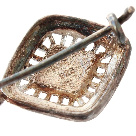 Marcasite Sterling Silver Drop Earrings Diamond Shape Kidney Wire Estate - Picture 5 of 5